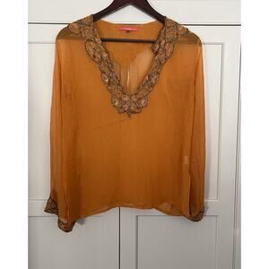 Nikka women’s size S tunic /cover up silk orange embellished neck line and cuffs